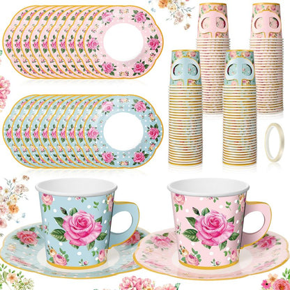 Umigy 60 Sets Mother's Day Tea Party Decorations 9 oz Floral Paper Teacups & Saucer Set for Girls Women Tea Parties Mothers Day Bridal Shower Wedding Birthday Party Decorations(Pink, Blue)