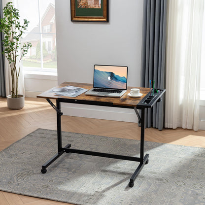 VECELO Vintage Drawing Drafting Table, Adjustable Tilting Top Art Desk Craft Work Station with Pencil Ledge, Lockable Slide Rolling Wheels for Painting Diamond Reading Writing Study, Rustic Brown