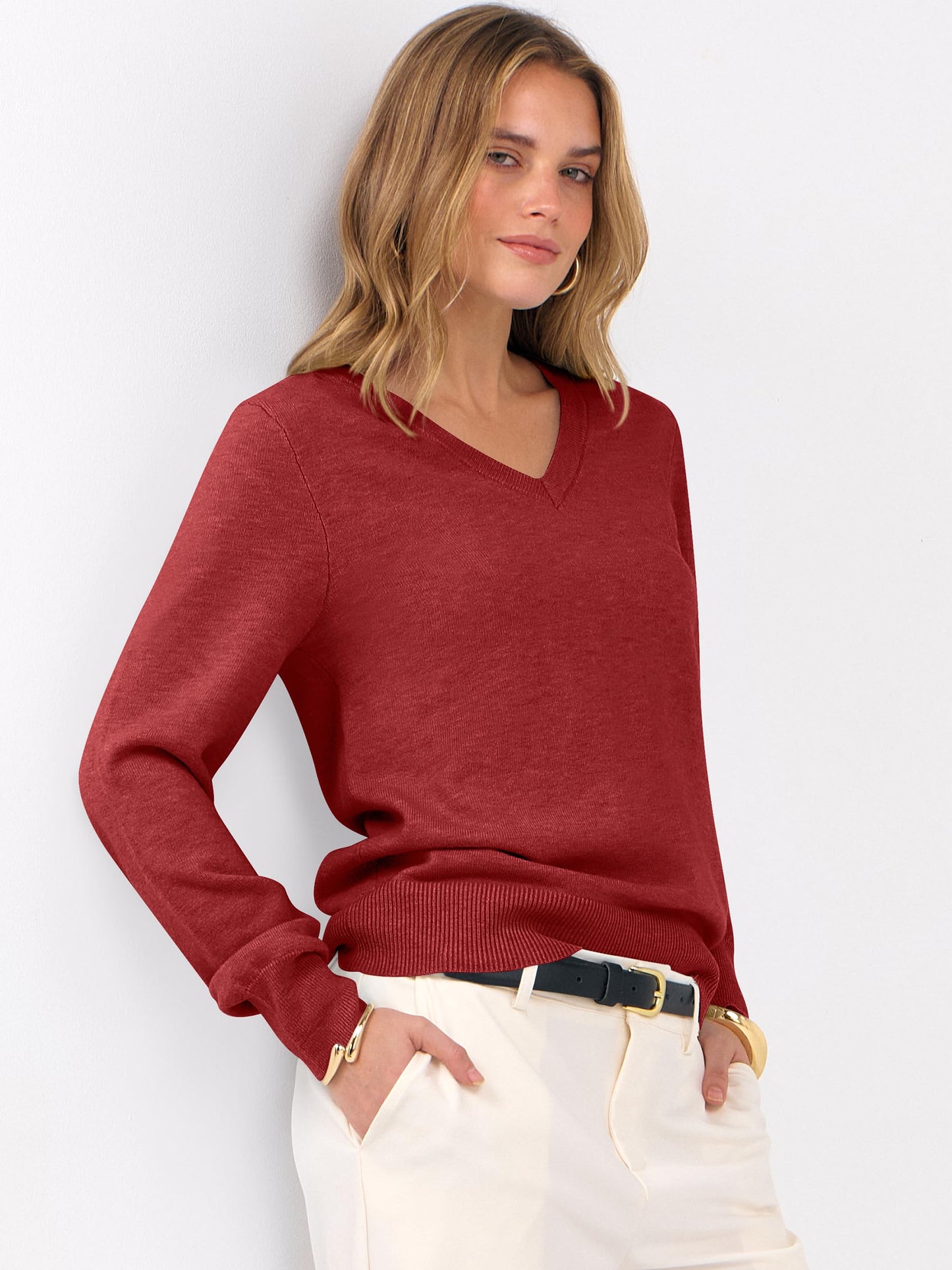 ANRABESS Womens Long Sleeve V Neck Sweaters 2025 Fall Casual Classic Soft Loose Fit Basic Pullover Jumper Top