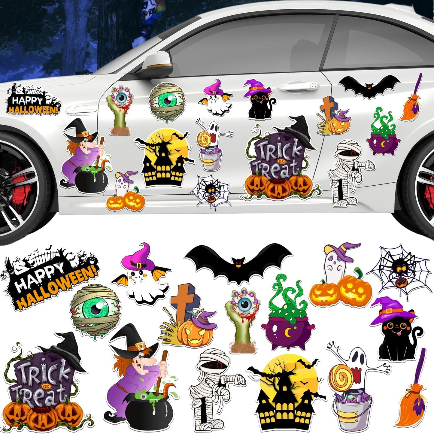 16 Pcs Halloween Reflective Car Magnets, Pumpkin Bat Stickers for Refrigerator, Garage Door Decor