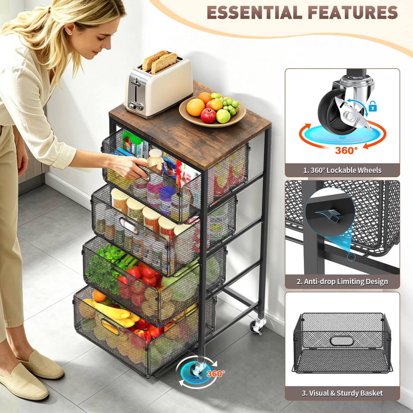 SUNALLY Rolling Kitchen Cart with Drawers, 4-Tier Utility Cart Fruit Vegetable Storage Cart with Lockable Wheels, Wooden Top Metal Kitchen Storage Organizer for Cans, Snacks, Beauty, Craft, Art, Black