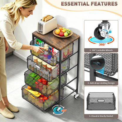 SUNALLY Rolling Kitchen Cart with Drawers, 4-Tier Utility Cart Fruit Vegetable Storage Cart with Lockable Wheels, Wooden Top Metal Kitchen Storage Organizer for Cans, Snacks, Beauty, Craft, Art, Black