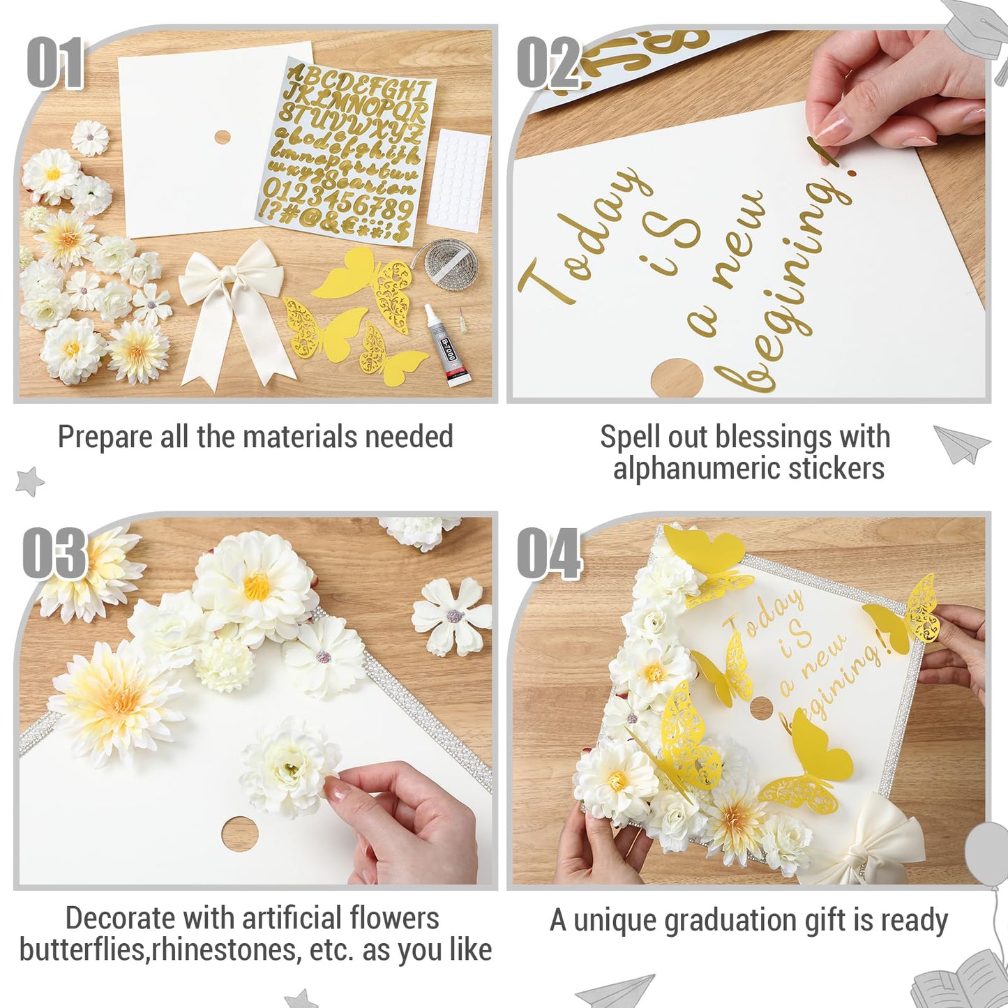 Vicenpal 29 Pcs Graduation Cap Decorations Kit DIY Grad Construction Paper with Artificial Flower Pearl Rhinestone Ribbon 3D Butterfly Alphabet Letter Stickers Satin Bow for Grad Cap DIY(Cream)