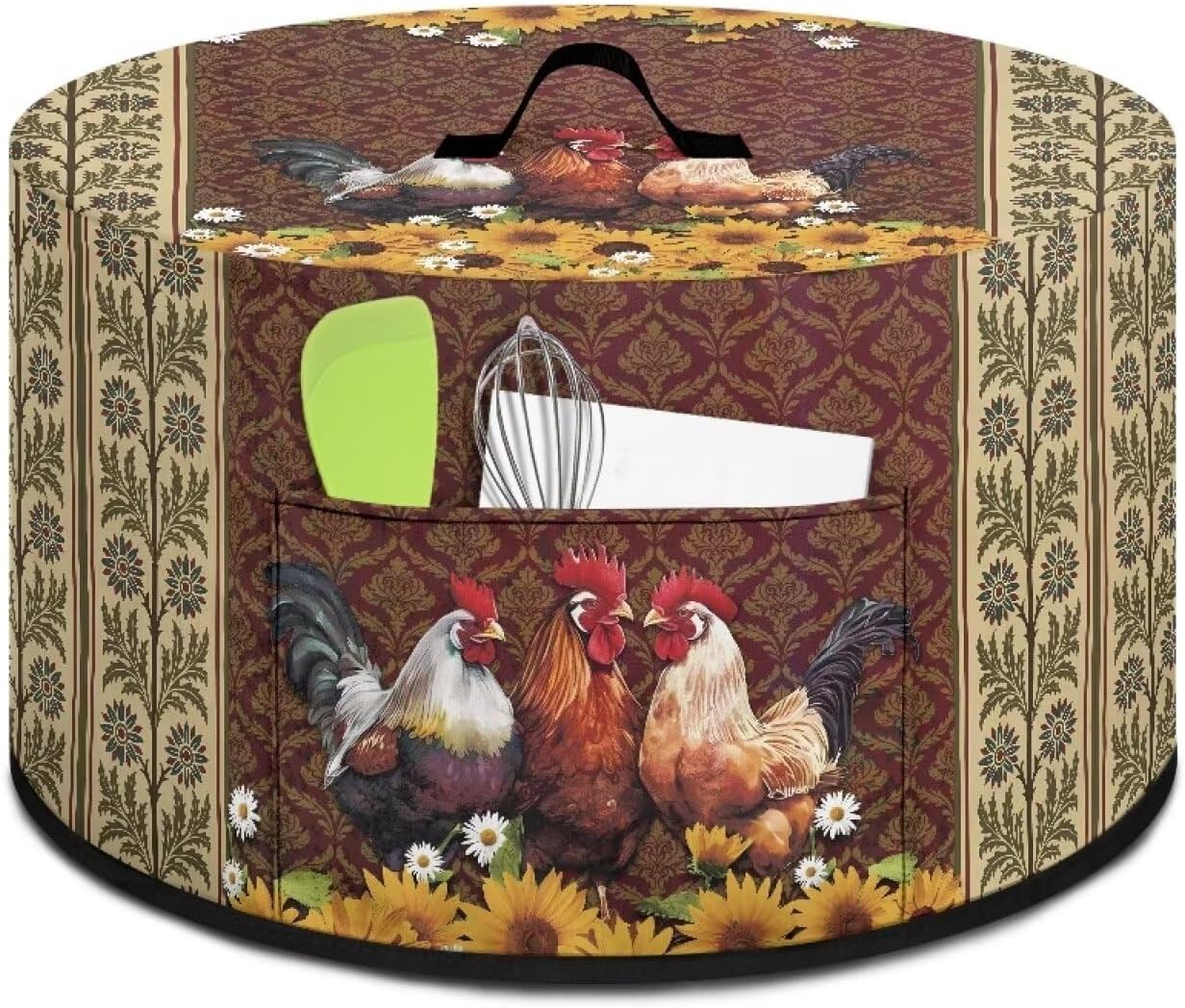Roosters Dust Cover for Small Kitchen Appliances, Fits Most 6-8 Quart Oval Slow Cookers, Pockets & Top Handle
