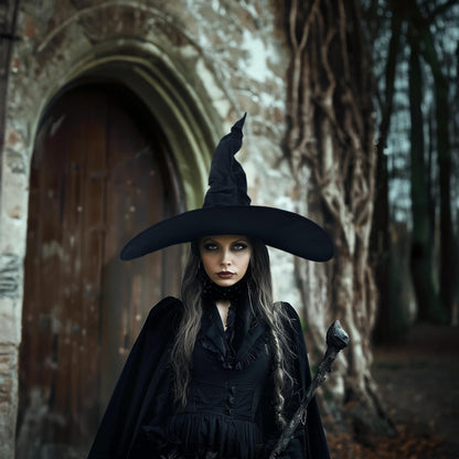JEGERMIG Women's Black Masquerade Ruched Witch Hat Oversized Witches Hats Wide Brim Party Accessory