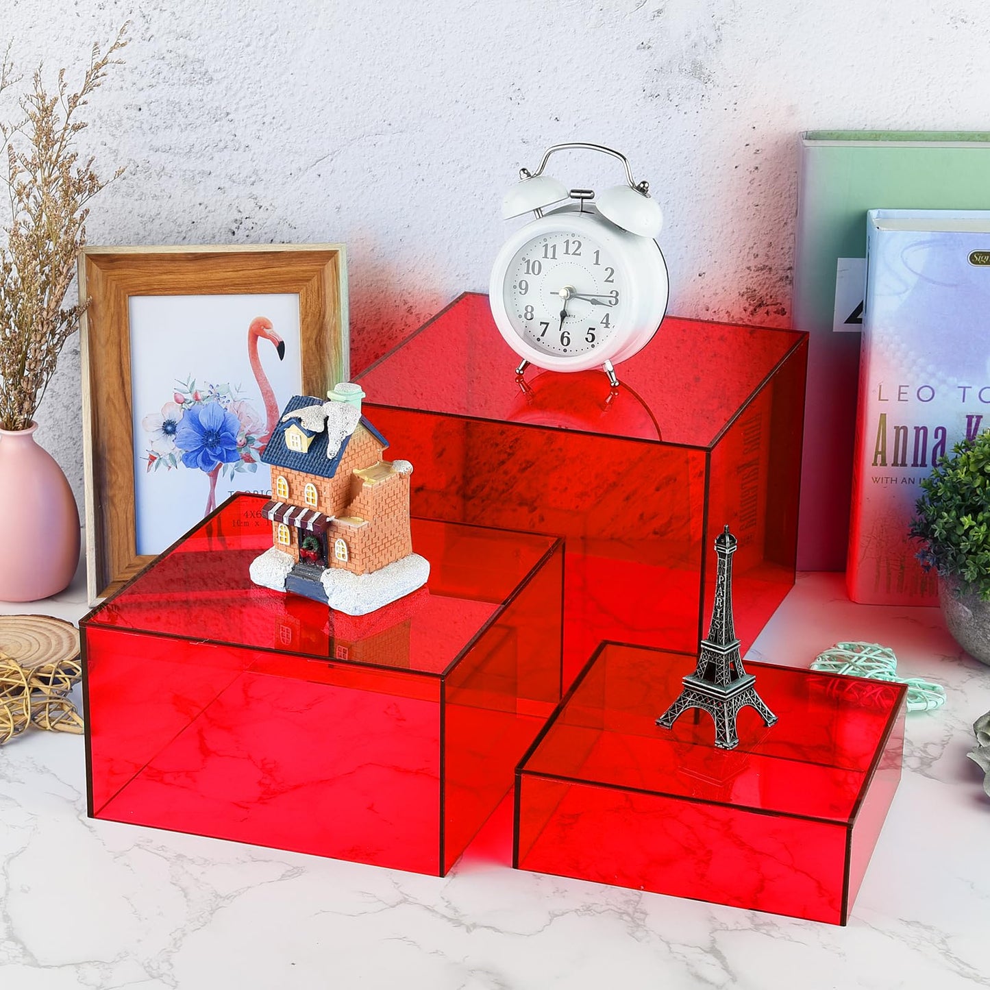 Bouiexye 3Pcs Red Buffet Risers Acrylic Boxes Display Food Risers for Buffet Table Platter Parties Weddings Catering Dessert Collectibles Figures Show (6''x7''x8'')