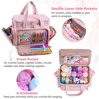 MYBAGZING Large Knitting & Crochet Bag Organizer for Yarn Storage, Double-Layer Knitting Project Bag with 6 Grommets, Yarn Organizer Tote for Knitting Supplies Crochet Hooks & Accessories Gift for Mom