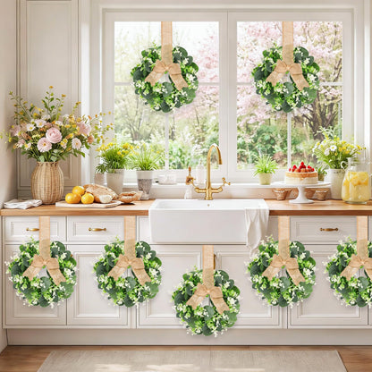 10PCS Eucalyptus Candle Rings Wreaths, Artificial Greenery Faux Kitchen Cabinet Wreath,Spring Wreath with Burlap Ribbon, Pillar Candle Holder Wreath for Porch Wall Window Farmhouse Wall Home Decor