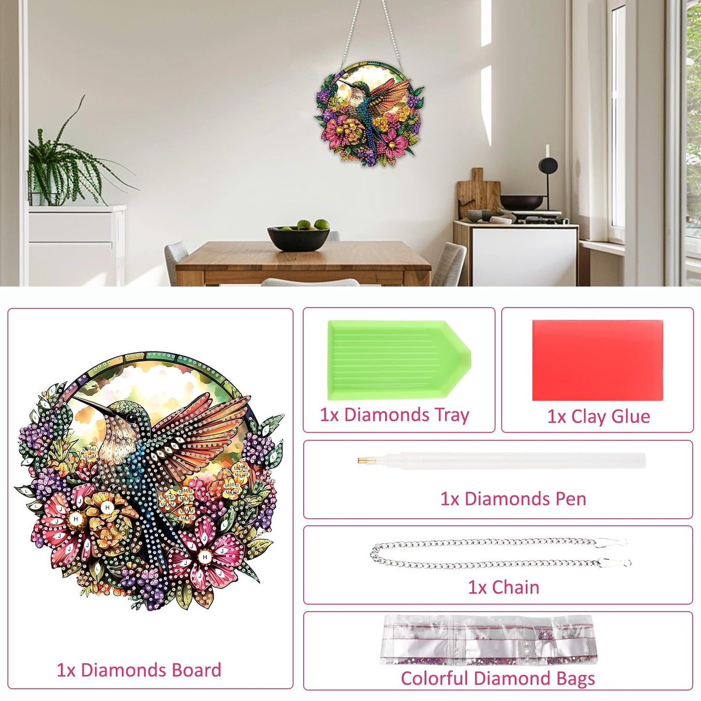 SENQAO Hummingbird Diamond Art Hanging Kits for Adults Kids, Acrylic Diamonds Painting Pendant Board Kit Flower, Diamond Art Painting Window Pendants Home Garden Wall Hanging Kits Hanging Ornament