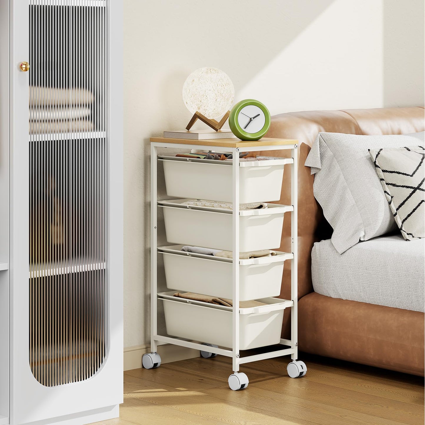 Rolling Storage Cart with 4 Drawers, Craft Organizer, Wooden Tabletop Utility Cart for Bedroom, Children's Room and Office Organization, Table Side Trolley with Lockable Wheels, White
