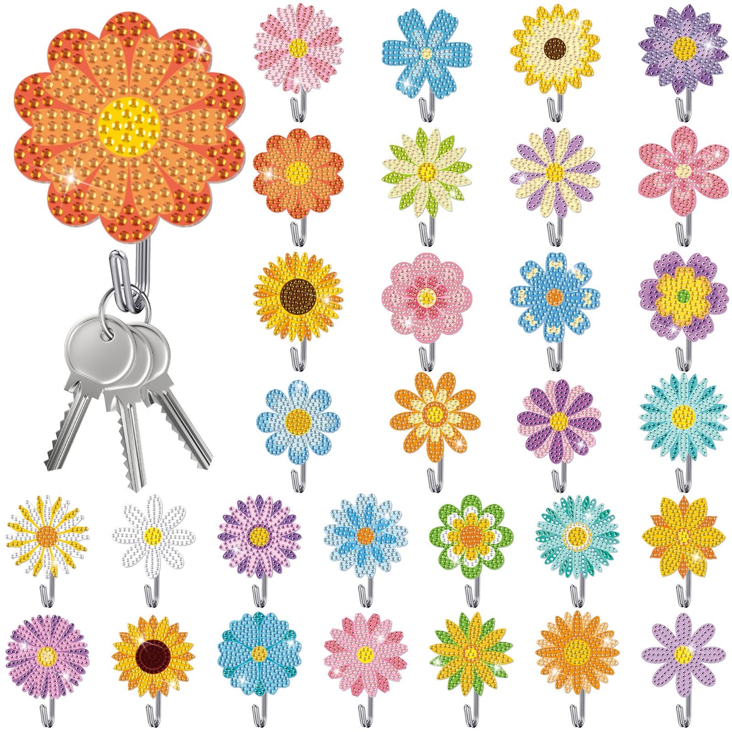 Relaxweex 30 Pcs Diamond Painting Kits for Adults DIY Diamond Art Painting Wall Hook Key Holder Wall Mounted Adhesive Hook Arts and Crafts DIY Kits for Towel Hat Kitchen Decoration(Flower)
