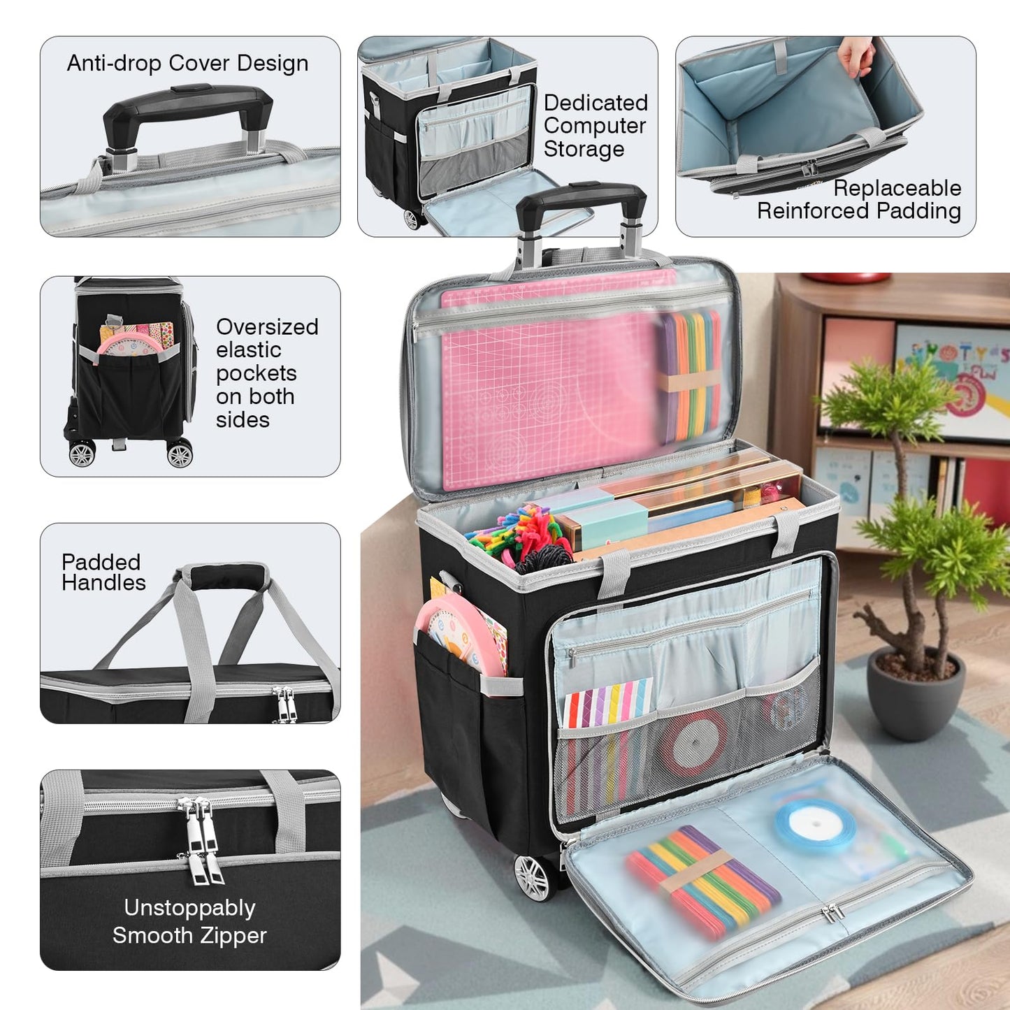 FINESUN Rolling Teacher Tote Bag with Wheels, Heavy Duty Wheeled Craft Organizer Bag, Portable Art Scrapbook Storage Cart, Travel Office Carry Tote for Women Teachers Craft Supplies Storage Black