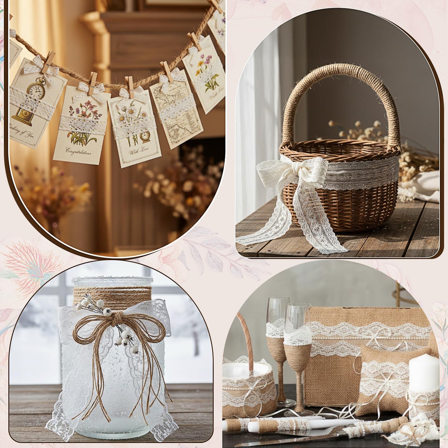 Hoteam 49 Yards White Lace Ribbon 15 Rolls and 328 ft Jute Twine, Craft Ribbon 0.5 to 2.36 Inch Assorted Pattern for Wedding Party Rustic Decoration Gift Wrapping DIY Crafts Home, 3.28 Yards for Each