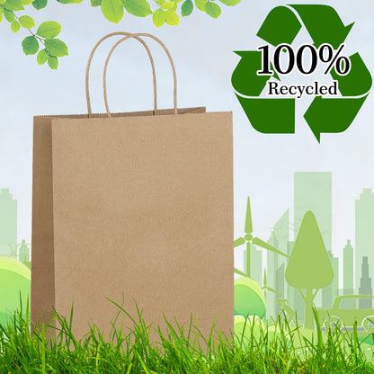 Eupako 8x4.25x10.5 Paper Bags - 100 PCS Brown Kraft Gift Bags with Handles Bulk for Shopping, Party Favor, Merchandise