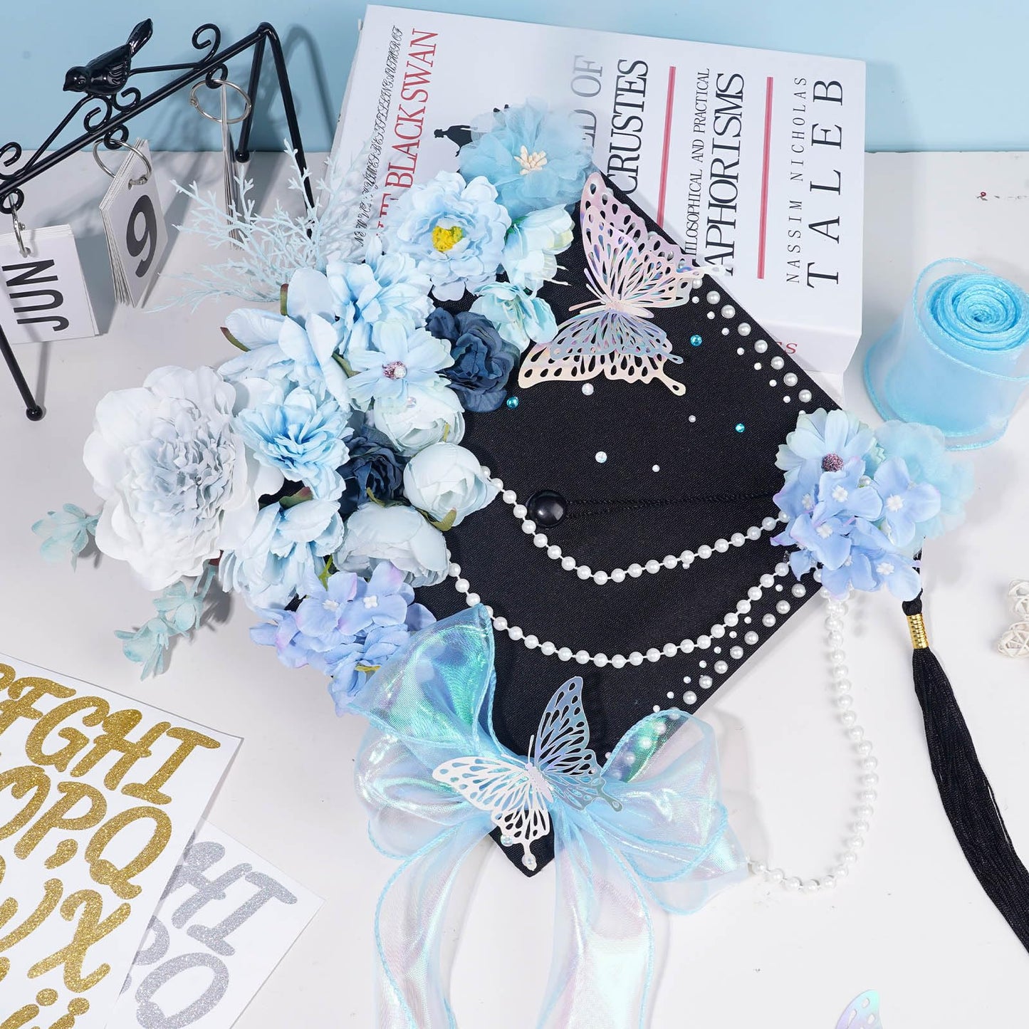 Pineraap Graduation Cap Decorations Kit, Artificial Flower Heads 3D Butterfly Stickers Rhinestones Letter Number Stickers Pearls String Decor Ribbon for DIY Grad Cap Topper Party Supplies, Blue