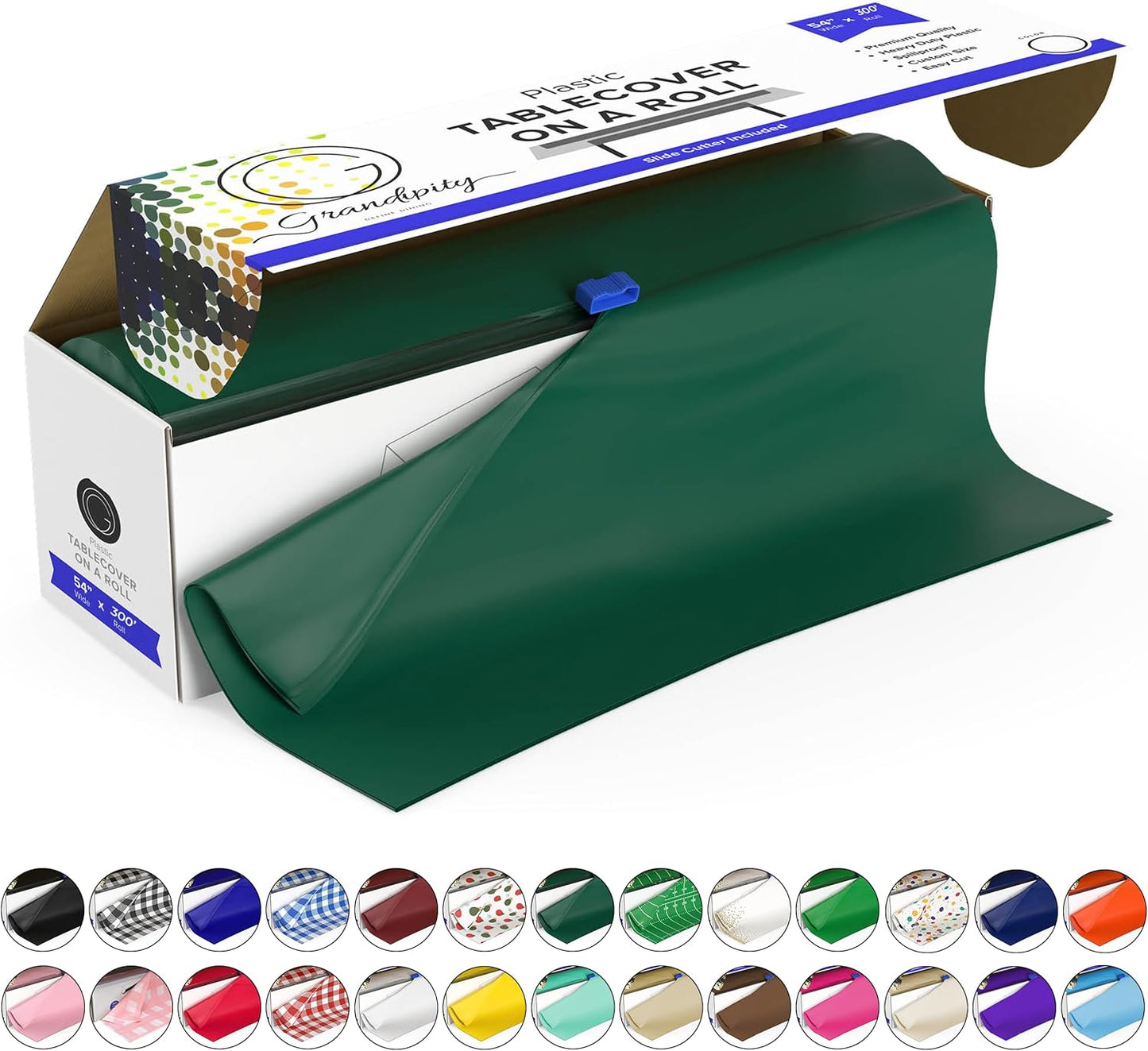 54in 300 Grandipity Plastic Tablecloth Roll - x Ft. Dark Green Plastic Table Cloths for Parties Disposable with Cutter