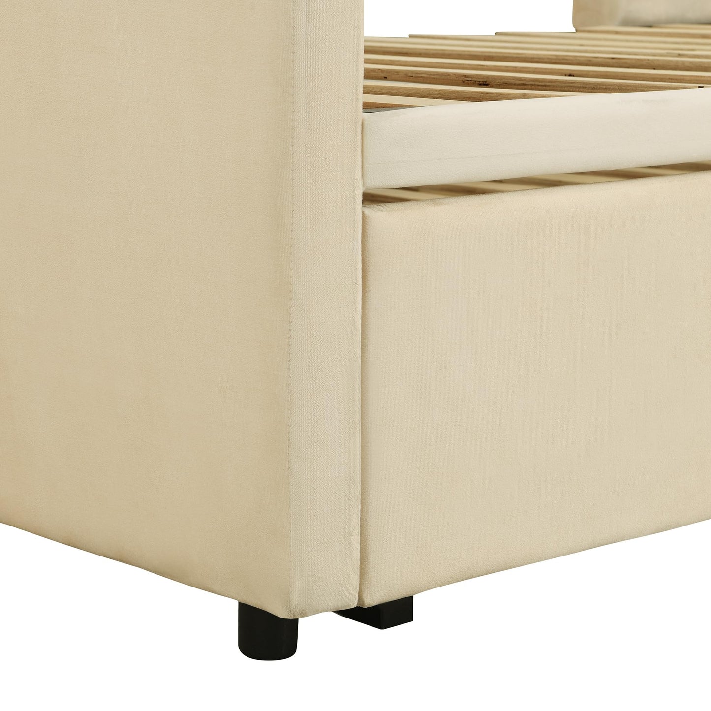 KTATK Twin Size Velvet Upholstered Daybed with Pop Up Trundle,Extendable Wooden Bed Frame,W/Backrest and Armrests,Twin-Size to King-Size,for Living Room Apartment,Beige