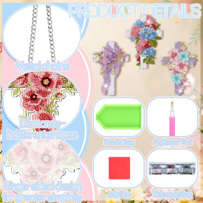 AmazingSpark 12 Pcs Spring Hanging Diamonds Art Kit, 5D DIY Cross Flowers Diamond Painting Pendant Ornament, Religious Diamond Art Kits for Adults Spring Summer Christian Gifts Home Office Wall Decor