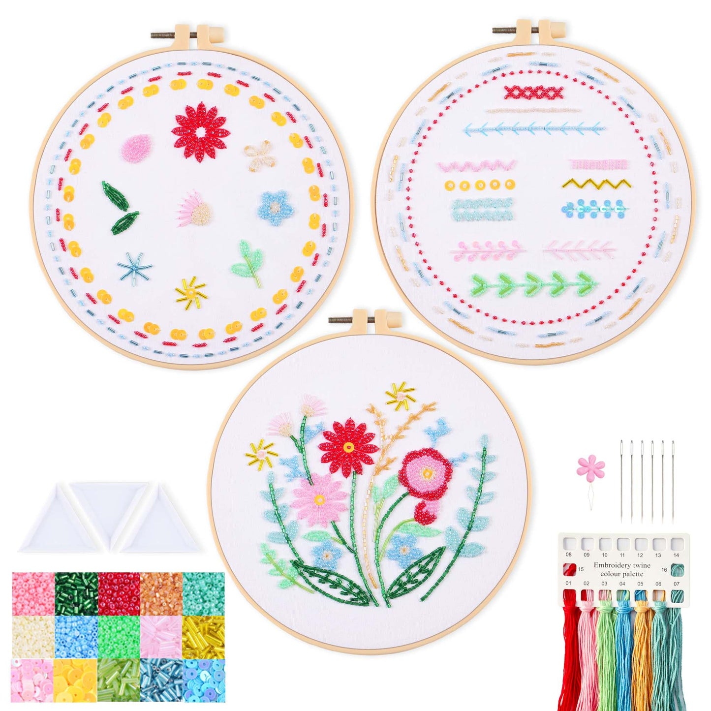 Harimau Bead Embroidery Starter Kit for Beginners (3 Sets) – Basic Flower Stitches, Includes Embroidery Hoop, Diagrams & Step-by-Step Video Tutorials – Gift for Craft Lovers