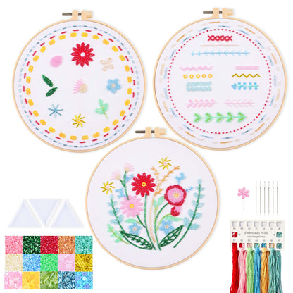 Harimau Bead Embroidery Starter Kit for Beginners (3 Sets) – Basic Flower Stitches, Includes Embroidery Hoop, Diagrams & Step-by-Step Video Tutorials – Gift for Craft Lovers
