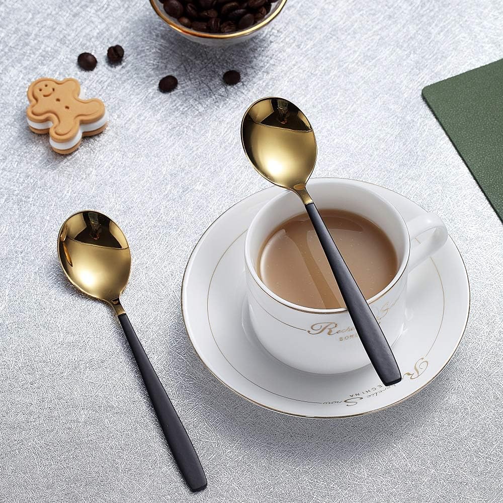 Homquen 6 Pieces Black and Gold Plating Coffee Spoons, 6.3" Modern Design Stainless Steel Tea Spoons Set