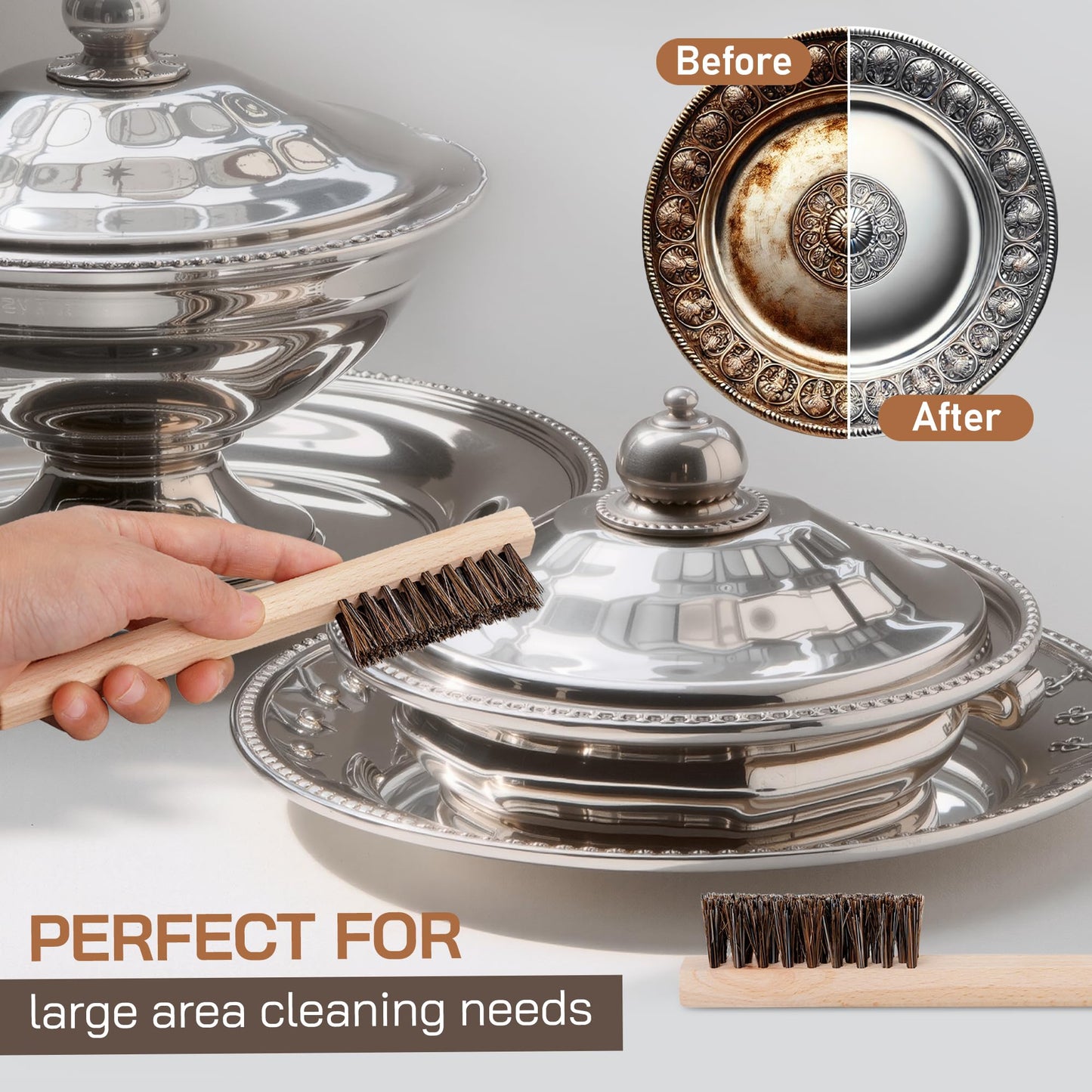 TAKAVU Horsehair Silver Brush Set of 4, Soft Detail Cleaning Brushes & Polishing Cloth, Non-Scratch Horsehair Brushes for Sterling Silver, Cutlery, Flatware, Jewelry & Antiques