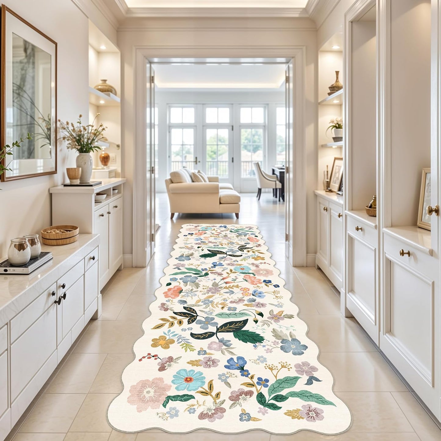 Regine Switzerland Washable 4x12 Wide Area Rug - Soft Floral Scalloped Design | Water-Resistant Non-Slip Runner for Entryway, Kitchen, Dining Room