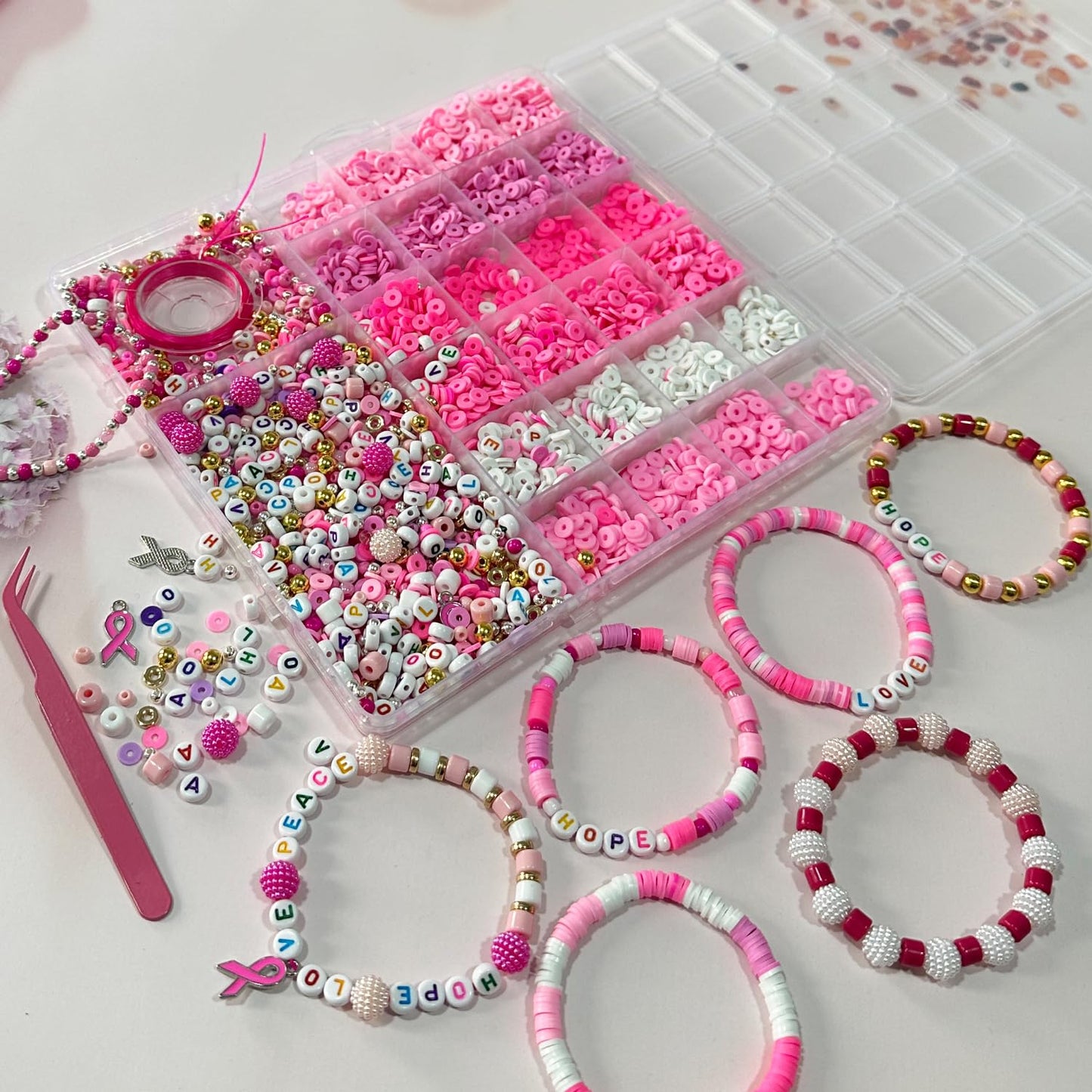 Pink Breast Cancer Awareness DIY Craft Clay Beads Kit - Pink Awareness Party Assorted Beads and Alphabet - Love Hope Peace Inspirational Bead Art DIY Craft Set, 1 Box