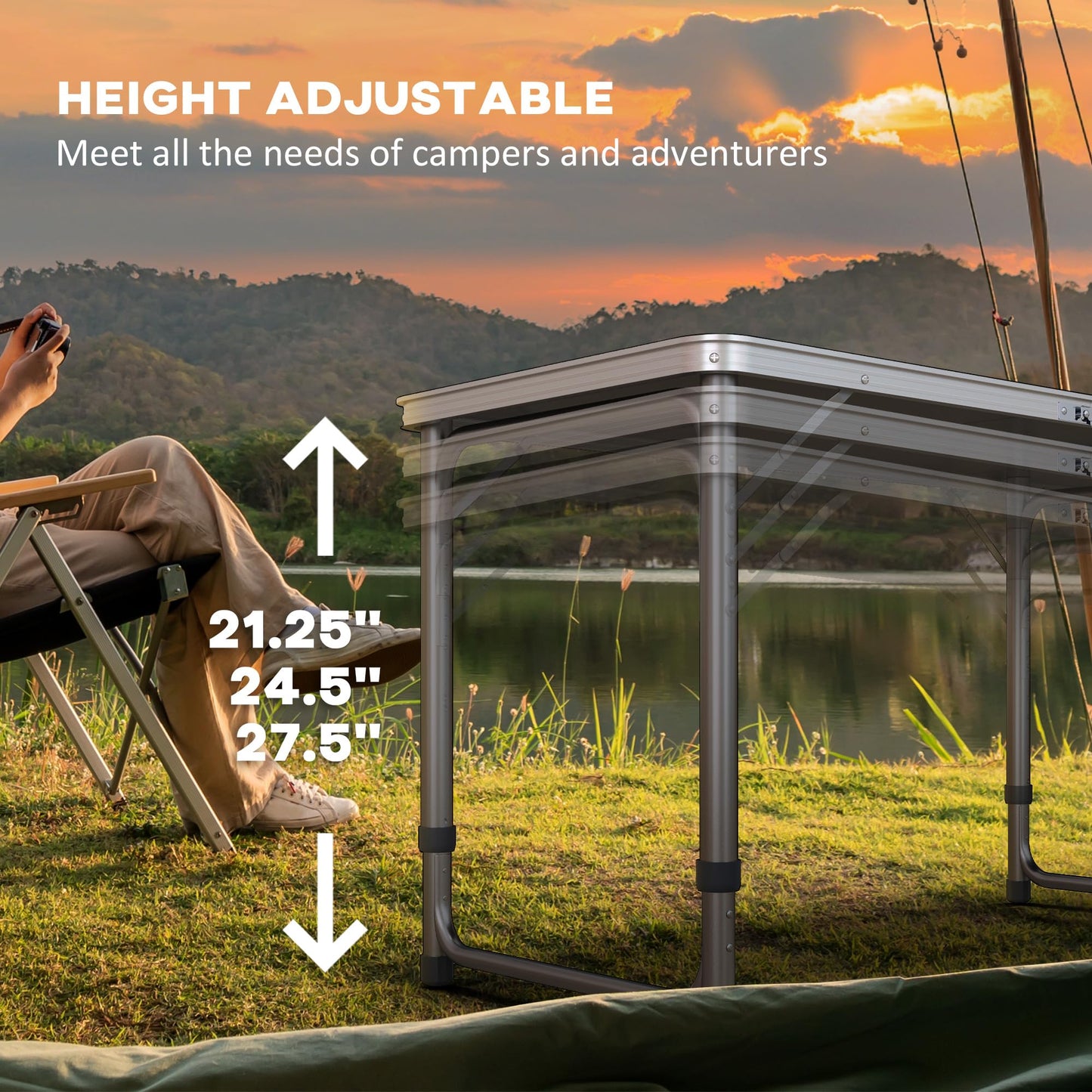 8ft Portable Beer Pong Table with Adjustable Legs, Folding Camping Table, Aluminum Picnic Table, for Party, Travel, BBQ, Beach, Black and White