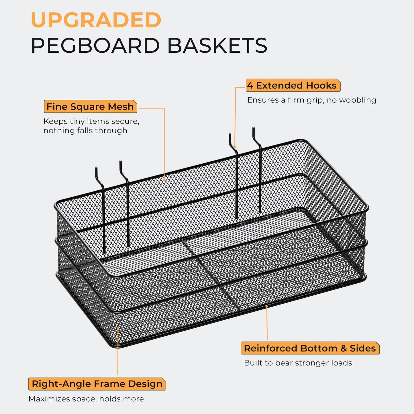 INCLY 4 Pack Upgrade Pegboard Baskets, 4 Sizes Square Style Metal Mesh Pegboard Baskets and Bins, Peg Board Organizer Accessories for Garage Craft Room Office Kitchen