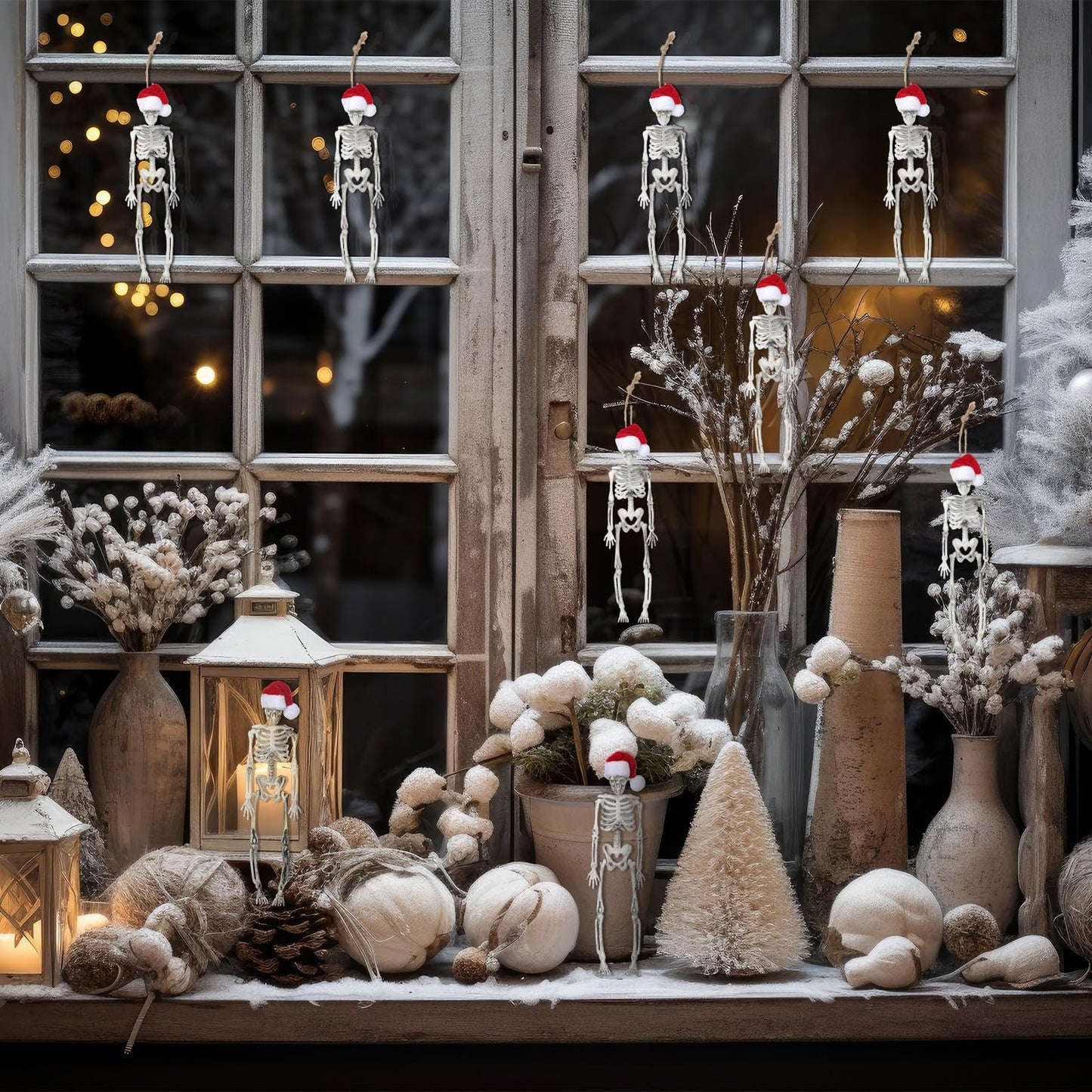 Silipull 12 Pcs Christmas Skeleton Figurine with Santa Hat 7.3 Inch Skeleton Santa Claus Tree Hanging Ornament Mini Skeletons Figurines for Christmas Indoor Outdoor Party Decoration