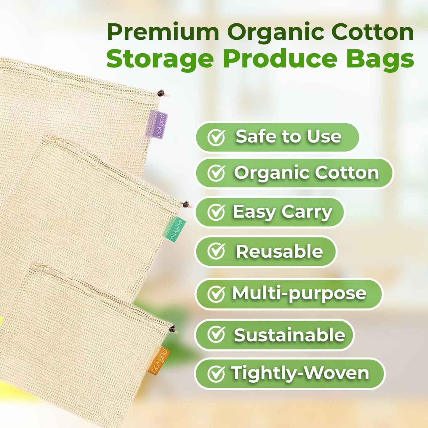 purifyou Set of 9 Reusable Produce Bags, Heavy Duty Washable Mesh Grocery Bag with Drawstring, Ideal for Farmers Market, Beach, and Refrigerator Storage (Extra Large, Large, Small)