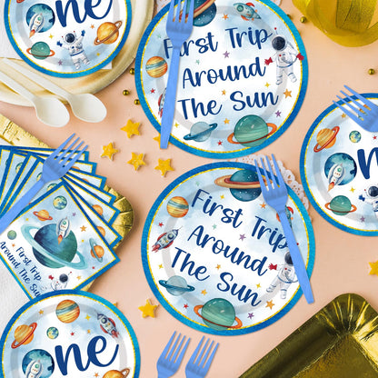 First Trip Around The Sun Decorations - 96PCS First Tirp Around The Sun Plates and Napkins Party Supplies Outer Space 1st Birthday Decorations Boy Disposable Paper Tableware Set Serves 24 Guests