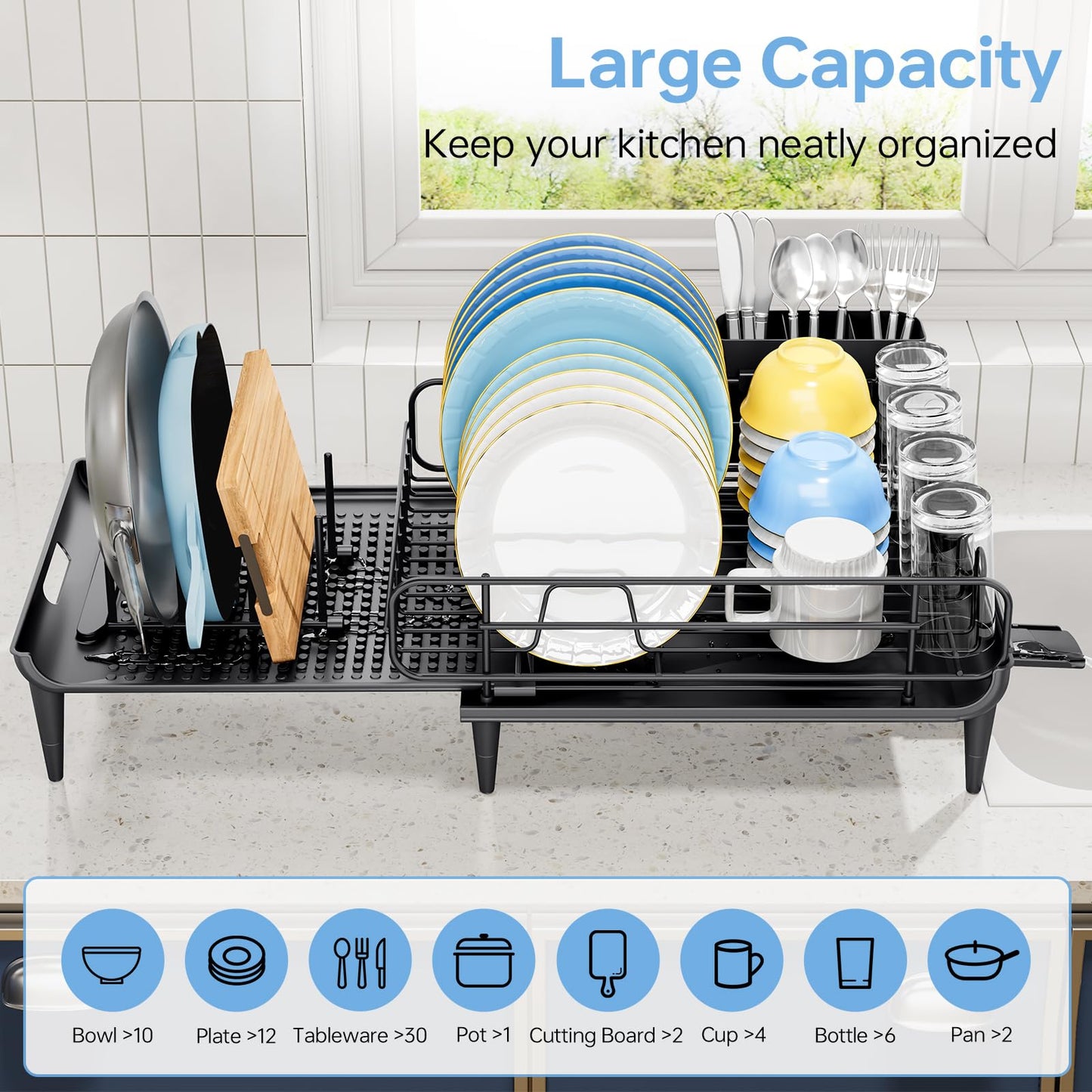 TOOLF Large Dish Drying Rack, Expandable Dish Rack for Kitchen Counter, Multifunctional Dish Drainer, Organization and Storage Essentials with Cup & Cutlery Holders, 16.7"-26.8" L x 12.6" W, Black