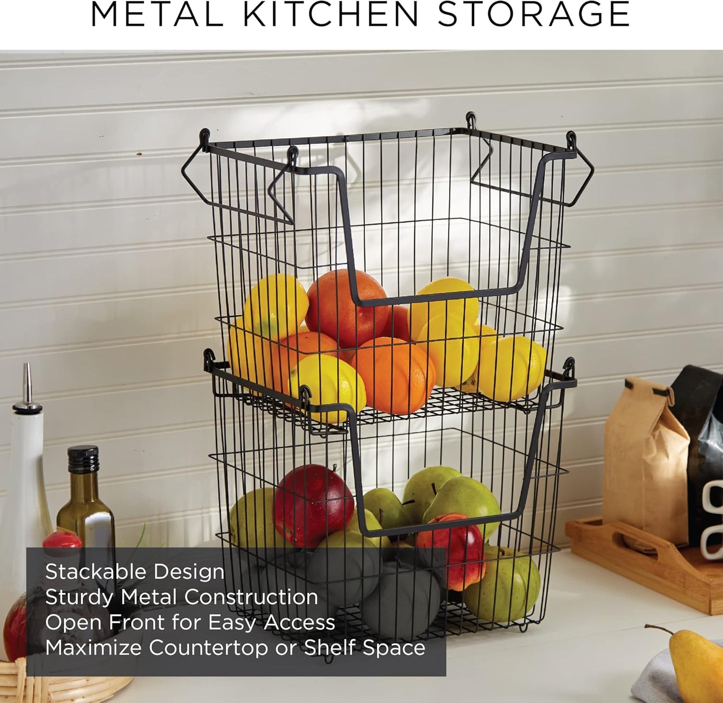 DII Metal Wire Mesh Stackable Utility Storage Bin, Large Rectangle, 13x10x11", Black