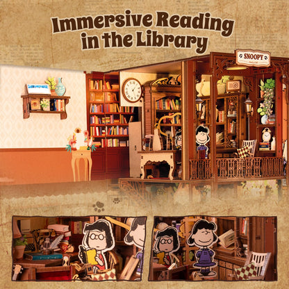puremind Snoopy Peanuts Book Nook Kit, 9.3" 3D Wooden Puzzle DIY Miniature Kit with LED Lights, Book Cafe Bookshelf Insert Diorama Gift for Adults and Snoopy Fans