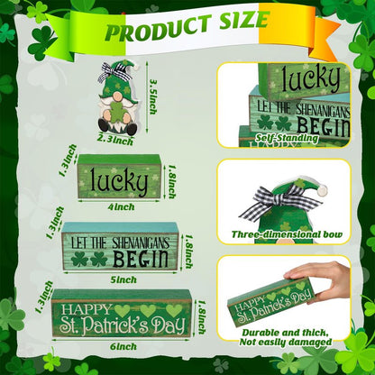 Moucuny 4 Pcs St. Patrick's Day Table Decoration Irish Tiered Tray Decor Wooden Gnome Shamrocks Block Signs Happy St. Patrick's Day Centerpiece for Tables Irish Wooden Sign for Home Decor