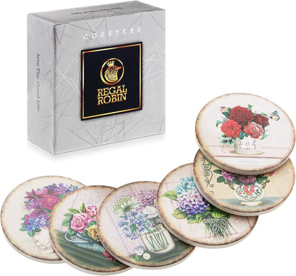 Regal Robin Set 4 Inch Set 6 Absorbent Ceramic Rustic Coasters for Drinks Drink Coaster - Cute Novelty Coasters