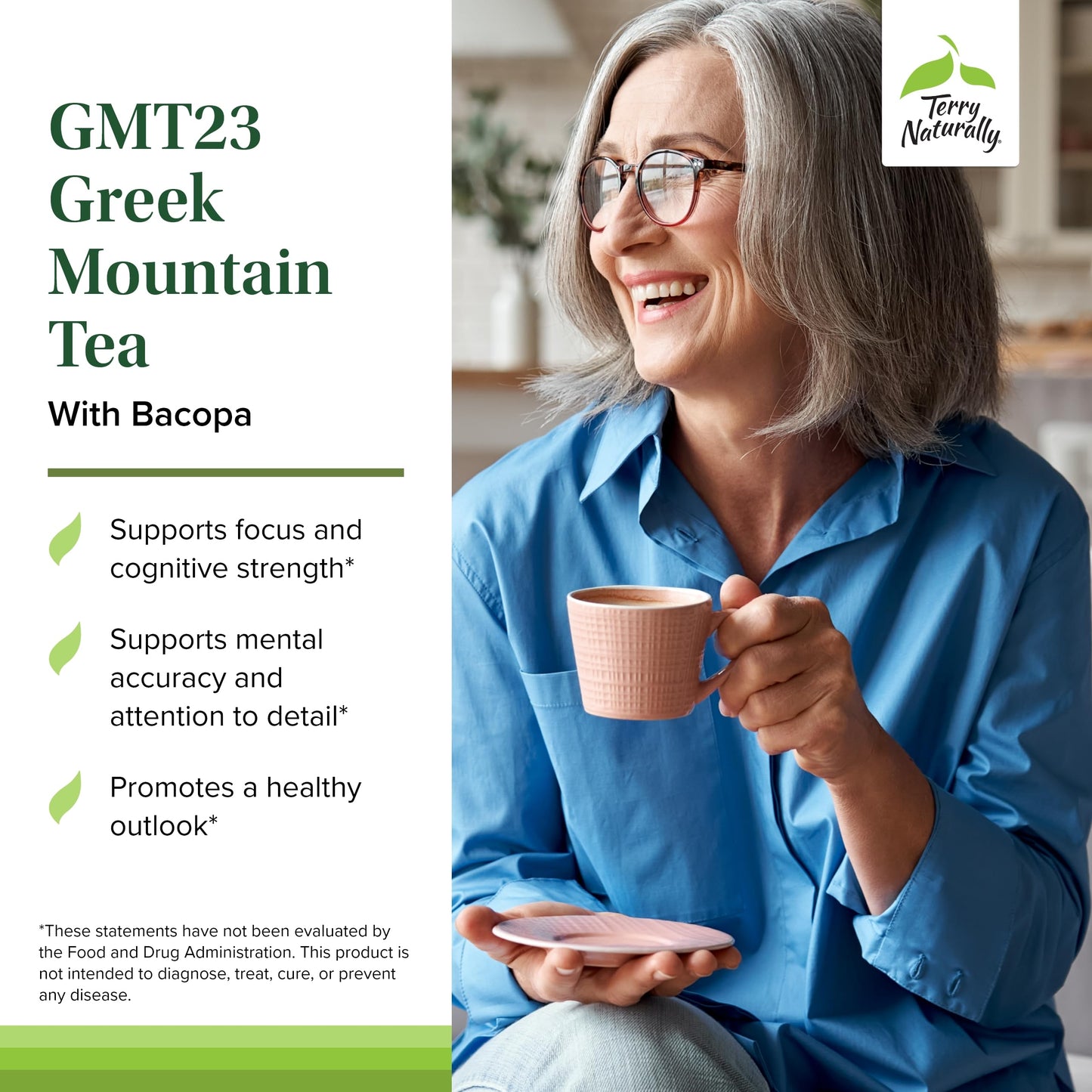 Terry Naturally GMT23 Greek Mountain Tea Plus Bacopa - Dietary Supplement for Focus Support - Brain Health Supplement for Attention to Detail - Herbal Supplement with Antioxidants - 30 Capsules