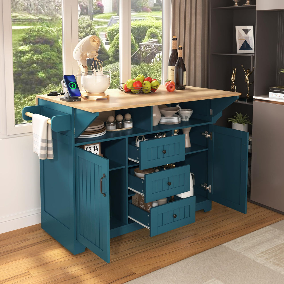Ball & Cast Large Green Rectangular Kitchen Island with 2 Drop Leaf, 3 Drawers, 2 Doors, Folding Storage Dining Table, Spice & Towel Rack, Power Outlet & USB Port, 5 Wheels, 55.7"W x 34"D x 36.5"H