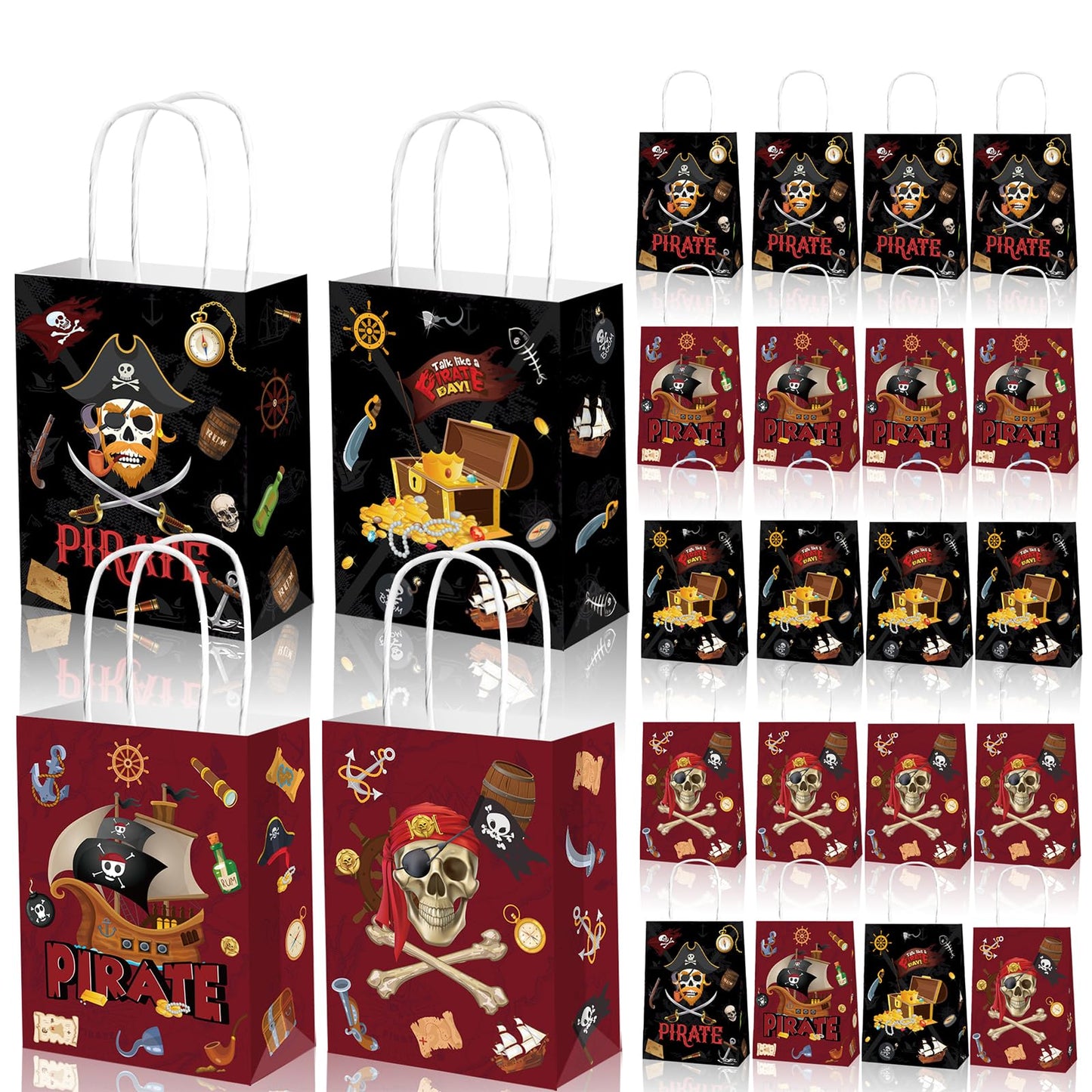 Qpout 16 Pack Pirate Gift Bags, Party Favor Bag Small, Goodie Treat Candy Bags, Pirates Booty Snack Bag, Boys Birthday Baby Shower Halloween Goody Bag