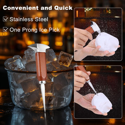 4Pcs Ice Pick Set, Stainless Steel Ice Chipper with Wood Handle, Bartender Kit Ice Crusher with Tong Ideal for Bars, Kitchen and Carving Craft Art