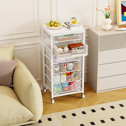 Sbanmao 6 Drawers Rolling Utility Cart, Rolling Storage Cart with Wooden Tabletop, Storage Drawer Cart on Lockable Wheels, Craft Cart for Bedroom, Classroom, Office, White