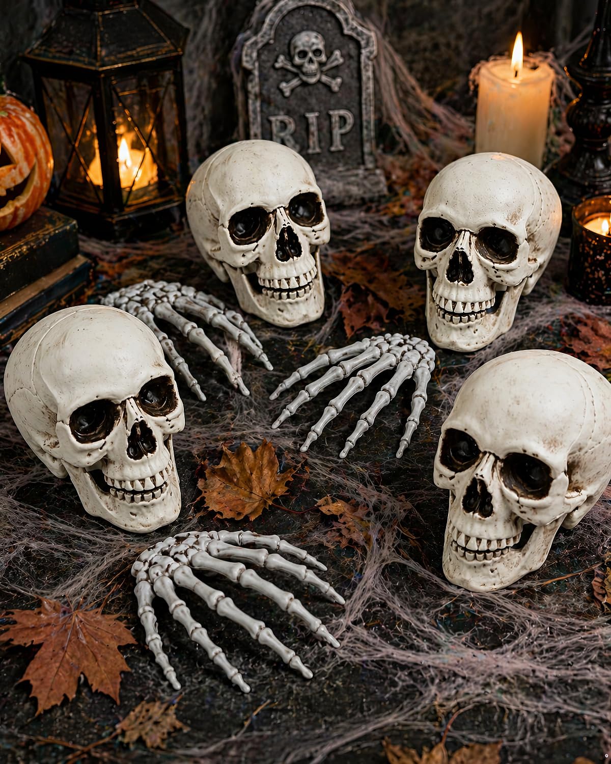 Sivlnian Halloween Skull Decorations Set, 8 Pack Skeleton Heads with Hands, 4.3 Inch Miniature Human Skull Heads, Spooky Haunted House Props for Halloween Party, Yard and Indoor Decorations, Plastic