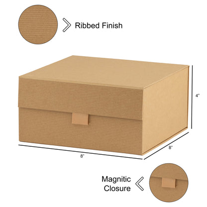 Purple Q Crafts 5 Pack Brown Kraft Ribbed Hard Gift Box With Magnetic Closure Lid 8"x8"x4" Square Favor Boxes With Classy Ribbed Paper Finish…