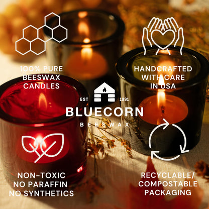 Bluecorn Beeswax Tea Light Candles, 100% Pure Natural Bees Wax, White Tea Lights in Metal Cups, Fragrance Free, Paraffin & Soy Free Candle Wax, Clean Burning, Long Lasting, American Made, 24 Pack