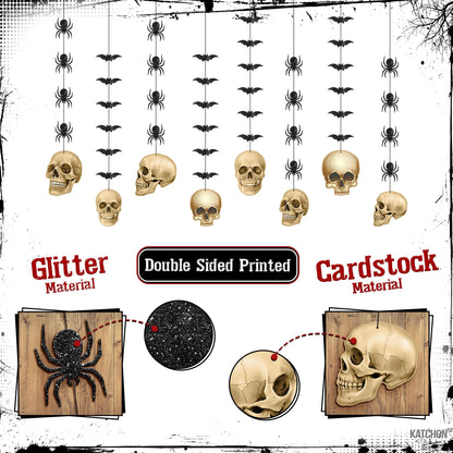 KatchOn, Glitter Skull Garland for Halloween - Pack of 8 | Black Hanging Halloween Decorations | Skull Garland, Glitter Spider