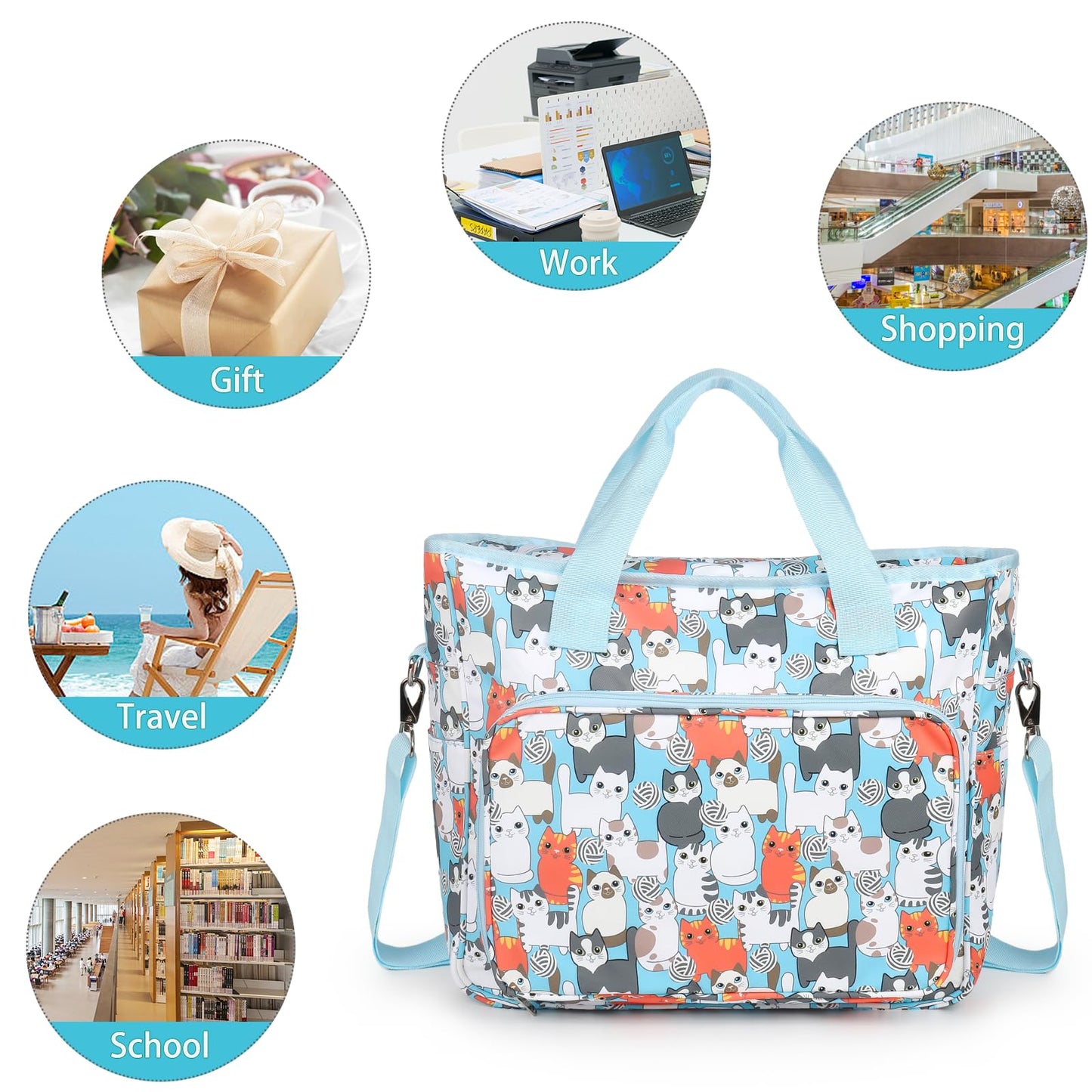 Yarn Storage Organizer Travel Crochet Bag, Large Capacity Tote Bag Knitting Bag for Carrying Projects, Knitting Needles, Crochet Hooks and Yarn, Blue Floral and Bees