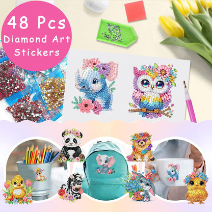 xackcme 48 Pcs Diamond Art Painting Sticker Kits for Kids, Animal Diamond Gem Stickers Kit, 5D Animals Gem Art Stickers Mosaic for Kids Gift for Boys Girls 4-8-10-12 Years Old