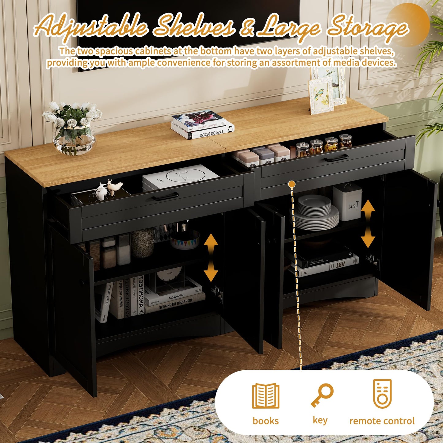 Ball & Cast Farmhouse TV Stand with 2 Drawers for TVs up to 70",Wood Grain Sideboard Buffet Cabinet w/Rustic Handles and Adjustable Shelf,Entertainment Center for Living Room,Bedroom,Black